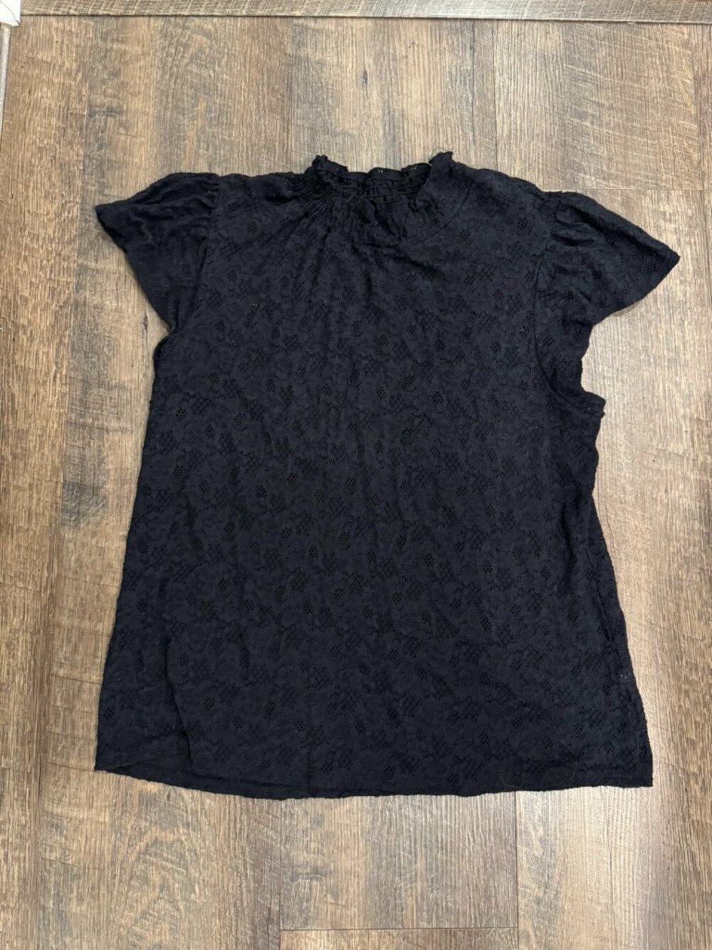 Black Lace Short Sleeve Top Blouse with Flutter Sleeve - Women's XLarge